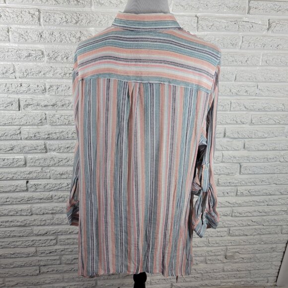 Zac Rachel Womens Top 2X Plus Roll Tab Sleeve Stripe Pink Blue Pastel STR125E - Picture 6 of 10